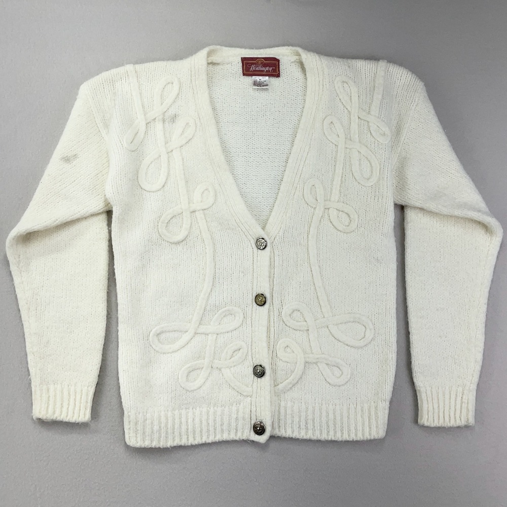 Vintage Cardigan Sweater Womens Medium Cream 80s Chunky Knit Worthington Grandma